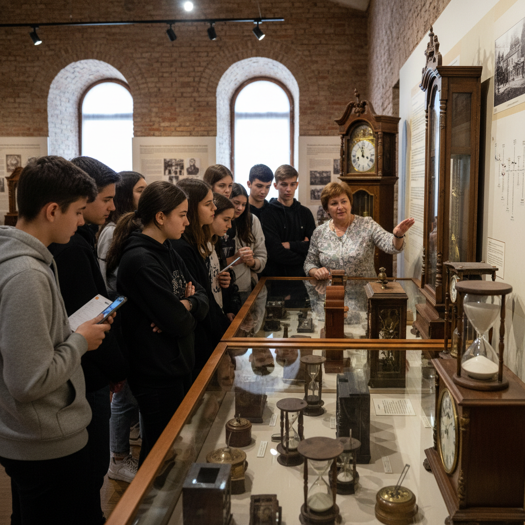 Elevii Liceului Internațional Baia Mare, explorând ceasurile și clepsidrele la Muzeul Județean de Istorie